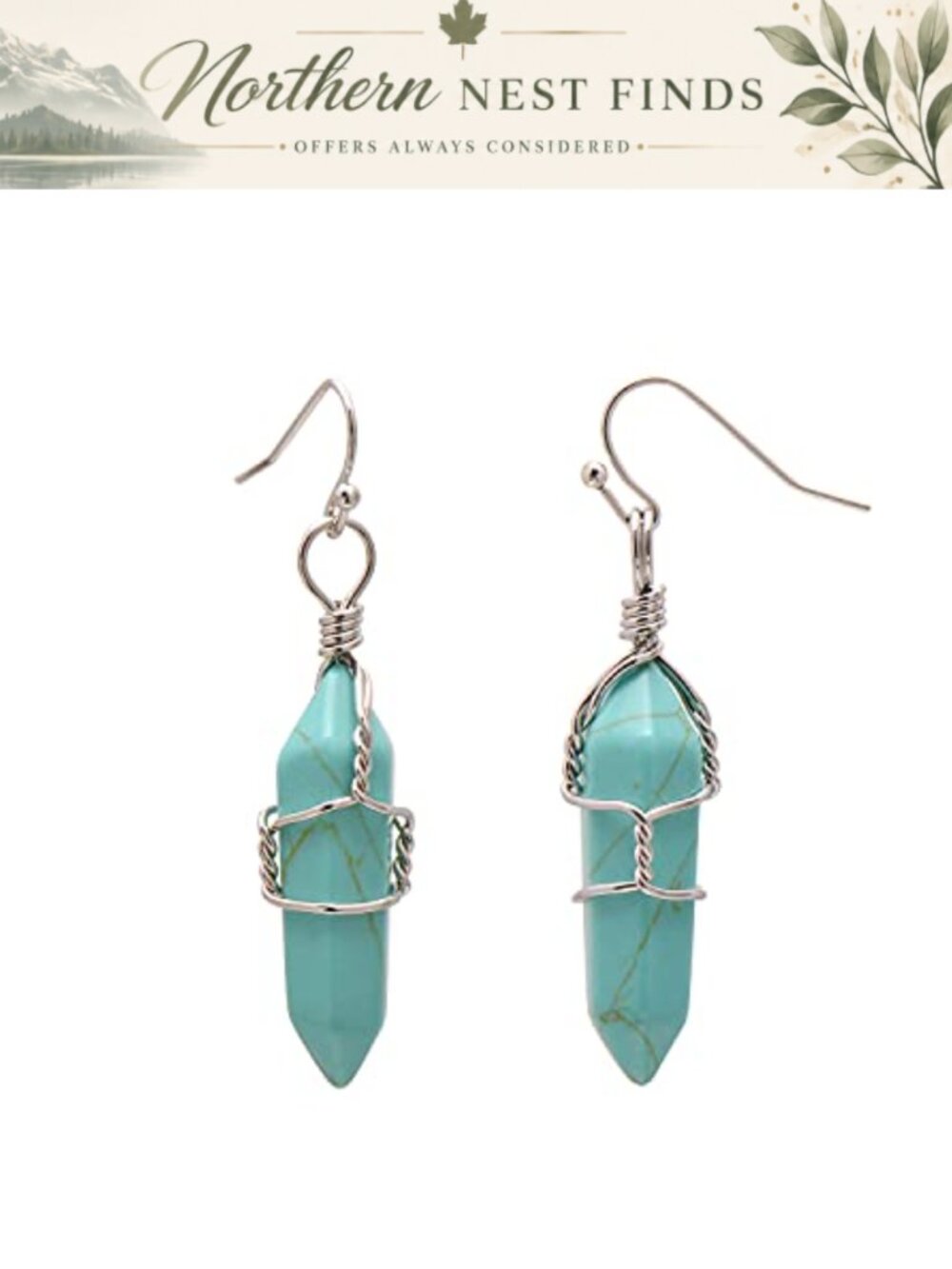 Handmade Turquoise Hexagonal Column Dangle Earrings White Gold Tone Wire Wrapped